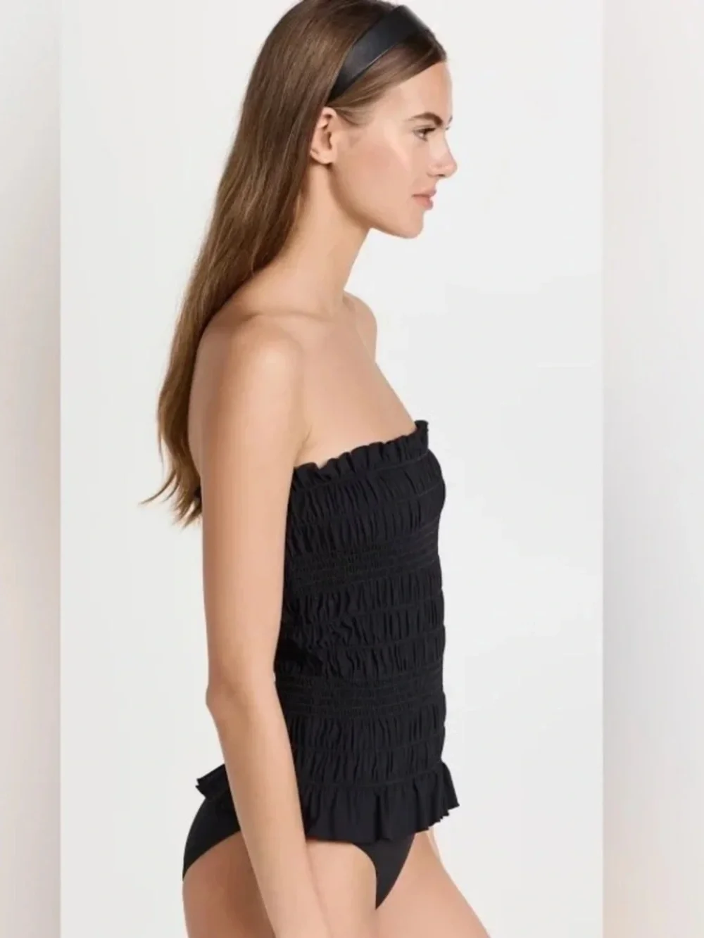 Tory Burch Women's Costa Smocked One Piece Ruffled Swimsuit, Black